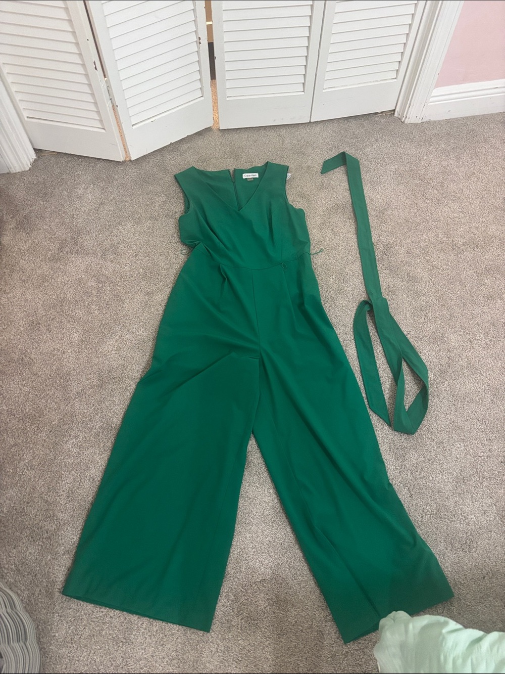 Calvin Klein Emerald Green Sleeveless Wide-Leg Jumpsuit with Waist Sash